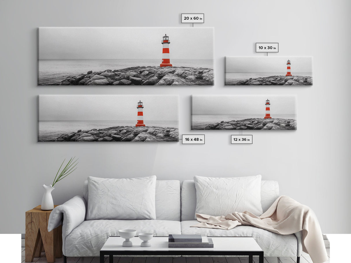 Rocky Shore, Coastal Guide, Red Lighthouse, Ocean Cliff Scene, Framed Canvas Print, Nautical Wall Decor, Bathroom Wall Art, Minimalist Art