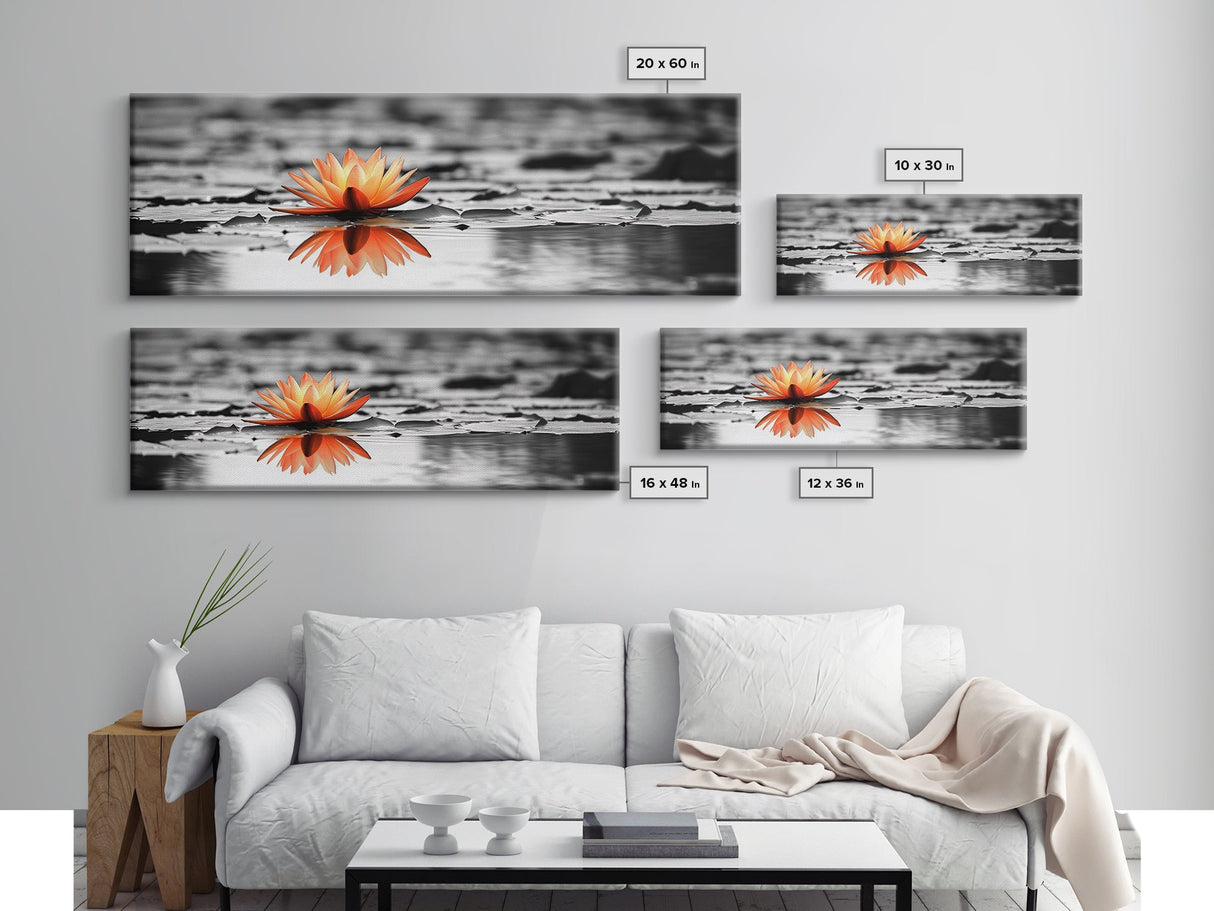 Tranquil Lotus, Zen Water, Orange Glow, Reflective Serenity, Framed Canvas Print, Bedroom Wall Art, Spa Decor, Boho Style, Meditation Vibe