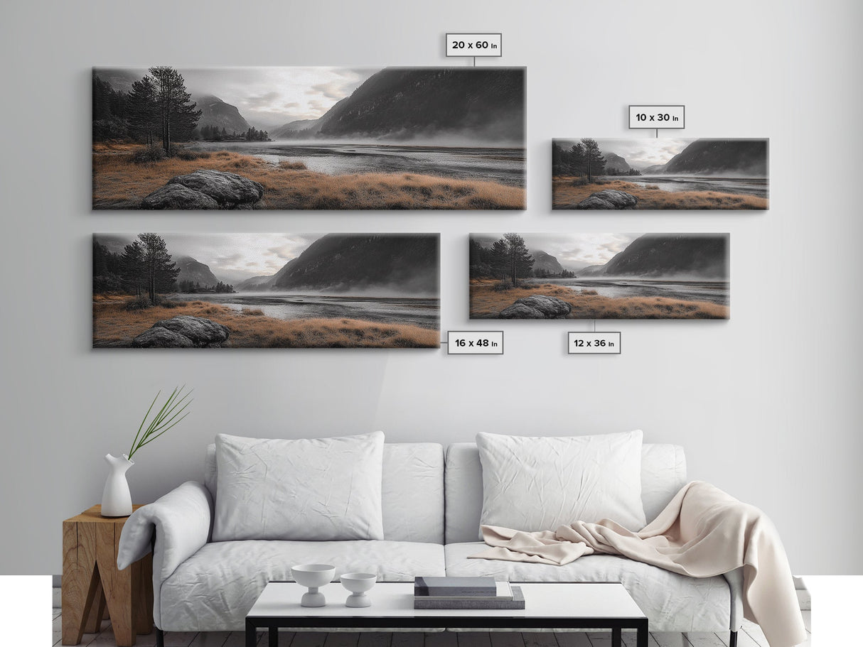 Misty Lake, Mountain Valley, Autumn Morning, Canvas Print, peaceful wilderness scene, rustic cabin decor, cozy nature artwork