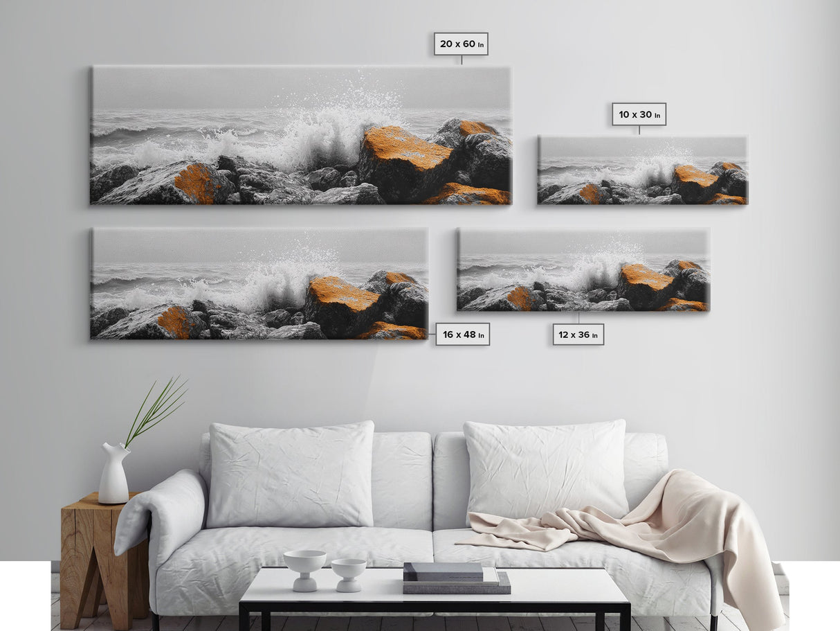 Orange Splash Rocks, Coastal Waves, Sea Spray Art, Canvas Print, Modern Beach Decor, Nature Wall Art, Bold Ocean Landscape