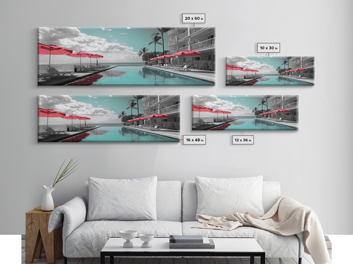 Poolside Escape, Beach Umbrellas, Luxury Retreat, Modern Resort, Framed Canvas Print, Vacation Vibes, Coastal Living, Bedroom Wall Art
