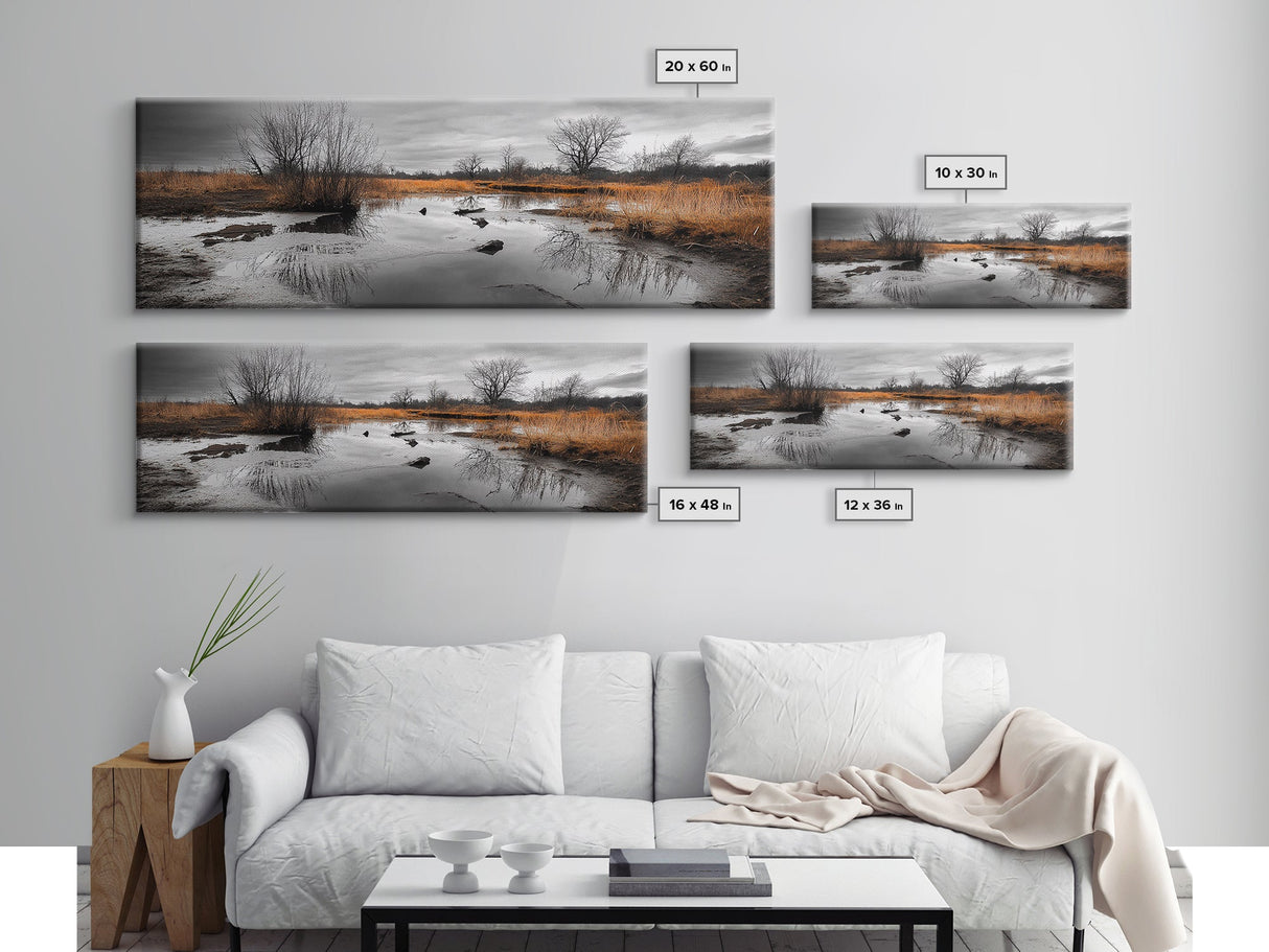 Marshland Autumn, Nature Landscape, Golden Hour Swamp View, Framed Canvas Print, Rustic Fall Home Decor, Entryway or Office Wall Art