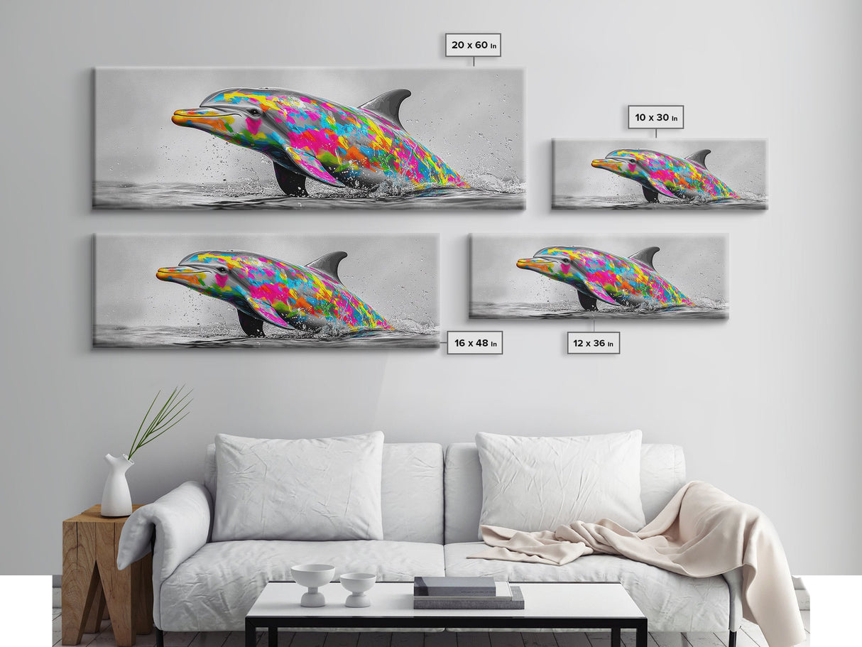 Rainbow Dolphin Splash, Colorful Ocean Animal, Vibrant Wildlife Art, Canvas Print, Coastal Kids Room Wall Art, Playroom Nautical Decor