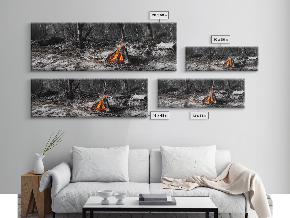 Ember Campfire, Twilight Glow, Nature Heat, Forest Shadows, Framed Canvas Print, Outdoor Wall Art, Fall Rustic Decor, Adventure Accent