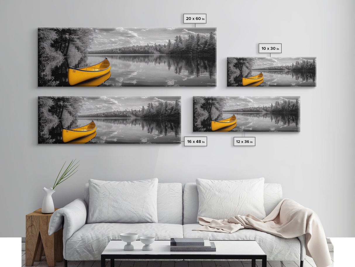 Yellow Canoe, Calm Lake, Reflection Art, Nature Landscape, Adventure Decor, Canvas Print, Rustic Wall Art, Cabin Decor, Lakehouse Art