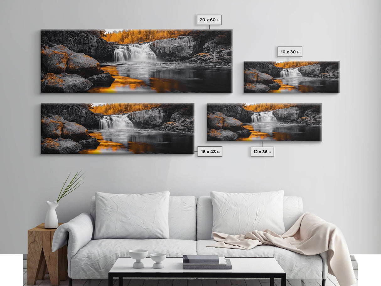 Autumn Waterfall, Fall Trees, Golden Reflections, Tranquil Scene, Framed Canvas Print, Nature Wall Art, Seasonal Decor, Cozy Living Room