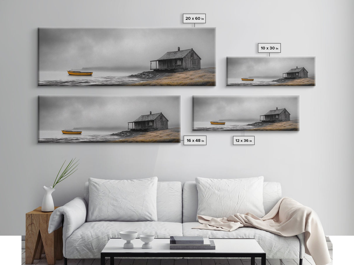 Foggy Lake, Yellow Boat, Rustic Cabin, Coastal Calm, Framed Canvas Print, Autumn Wall Art, Bedroom Decor, Minimalist Nature Photography