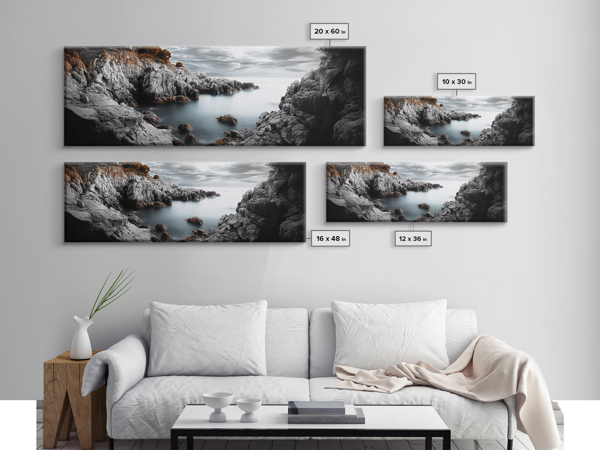 Hidden Rocky Cove, Tranquil Ocean View, Majestic Seascape, Framed Canvas Print, Nature Inspired Wall Art, Bedroom Coastal Decor