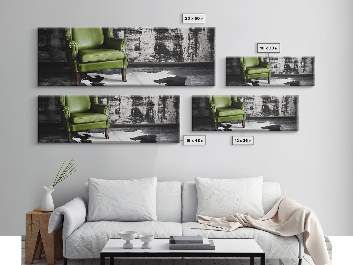 Green Leather Chair, Industrial Urban Scene, Chic Lounge Interior, Framed Canvas Print, Modern Wall Art, Man Cave Office Decor