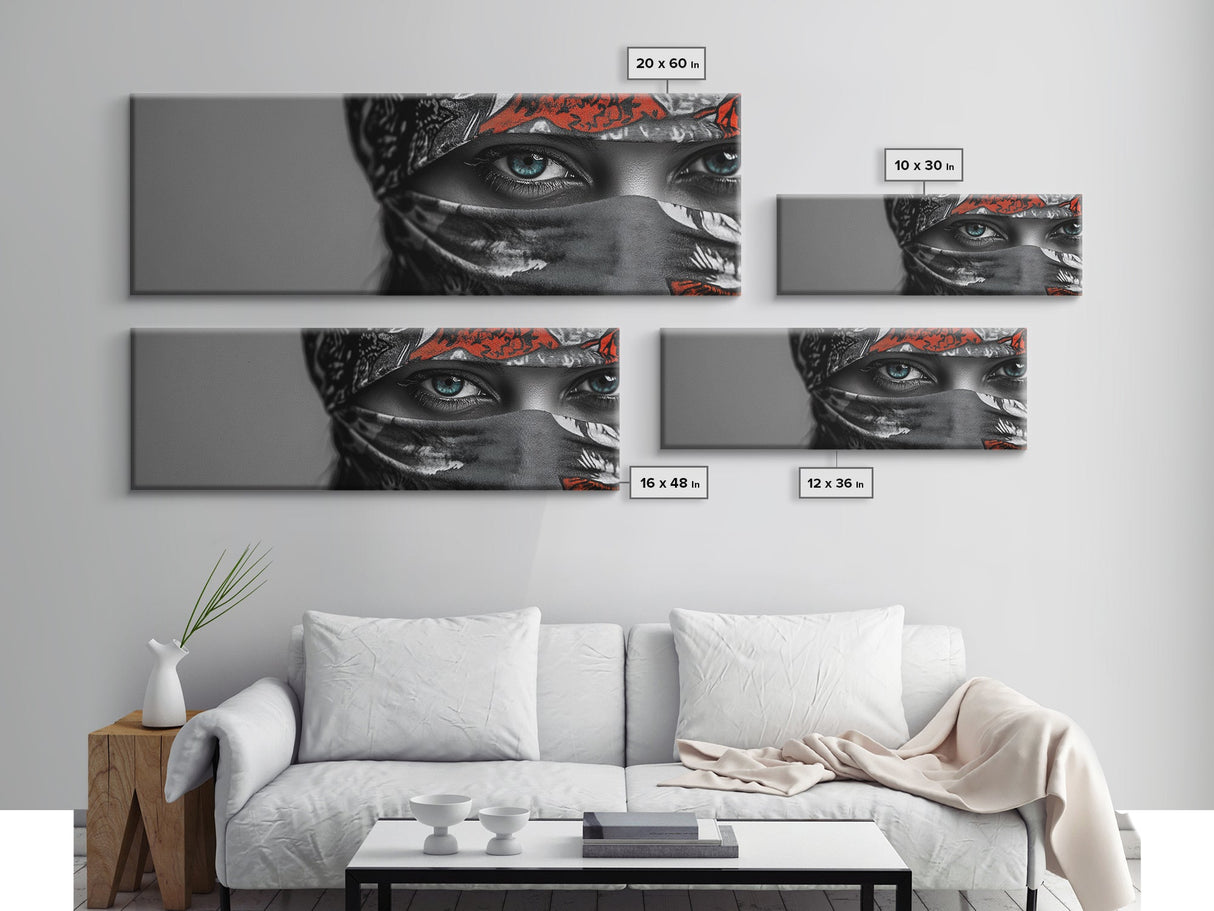 Eyes Closeup, Blue Eyes, Patterned Veil, Mysterious Portrait, Framed Canvas Print, Boho Bedroom Wall Art, Modern Glam Decor