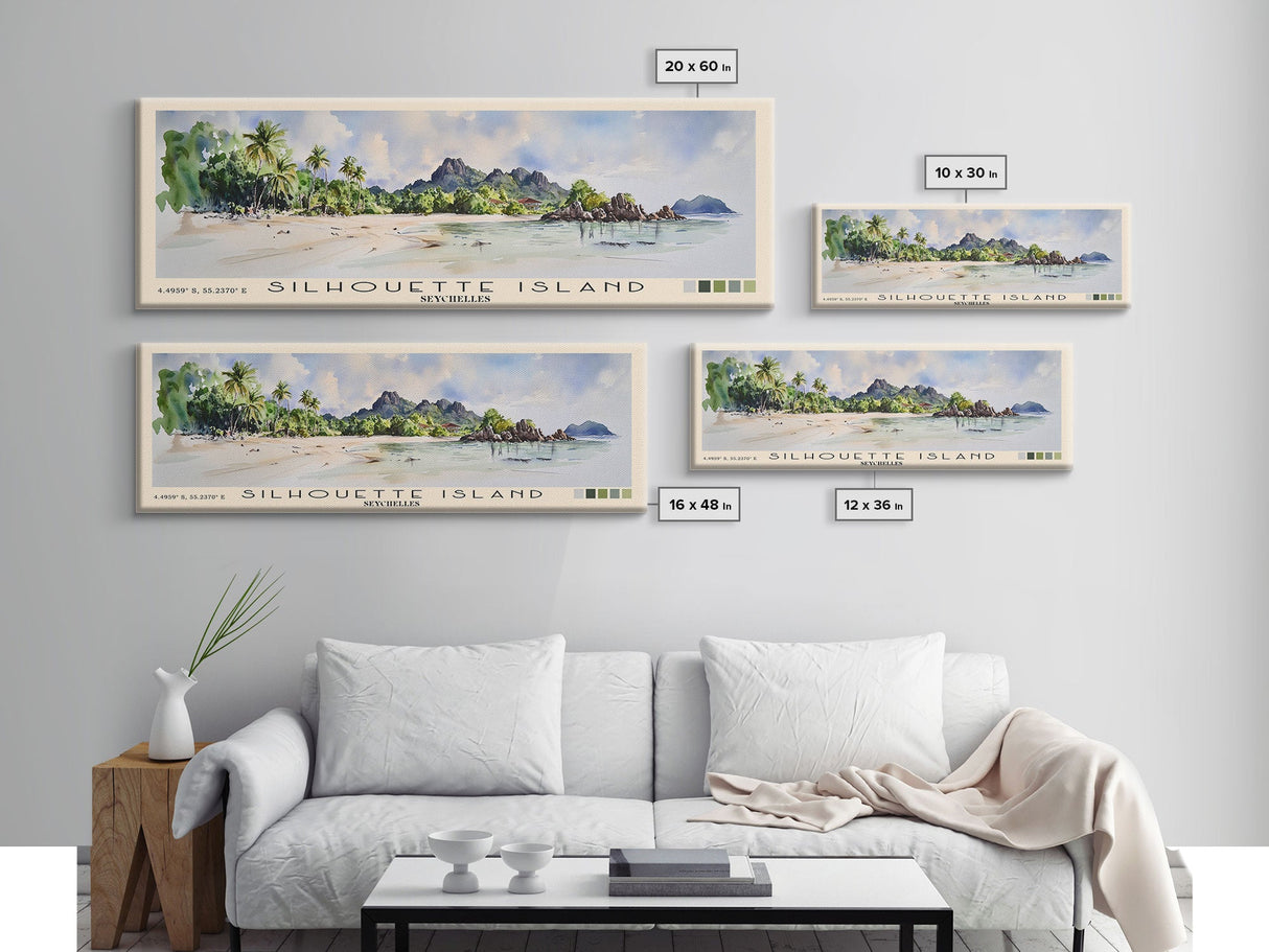 Silhouette Island, Seychelles Watercolor Print, Vacation Gift, Seychelles Wall Art, Beach Painting, Beach Decor, Large Wall Art, Wood Frame Art
