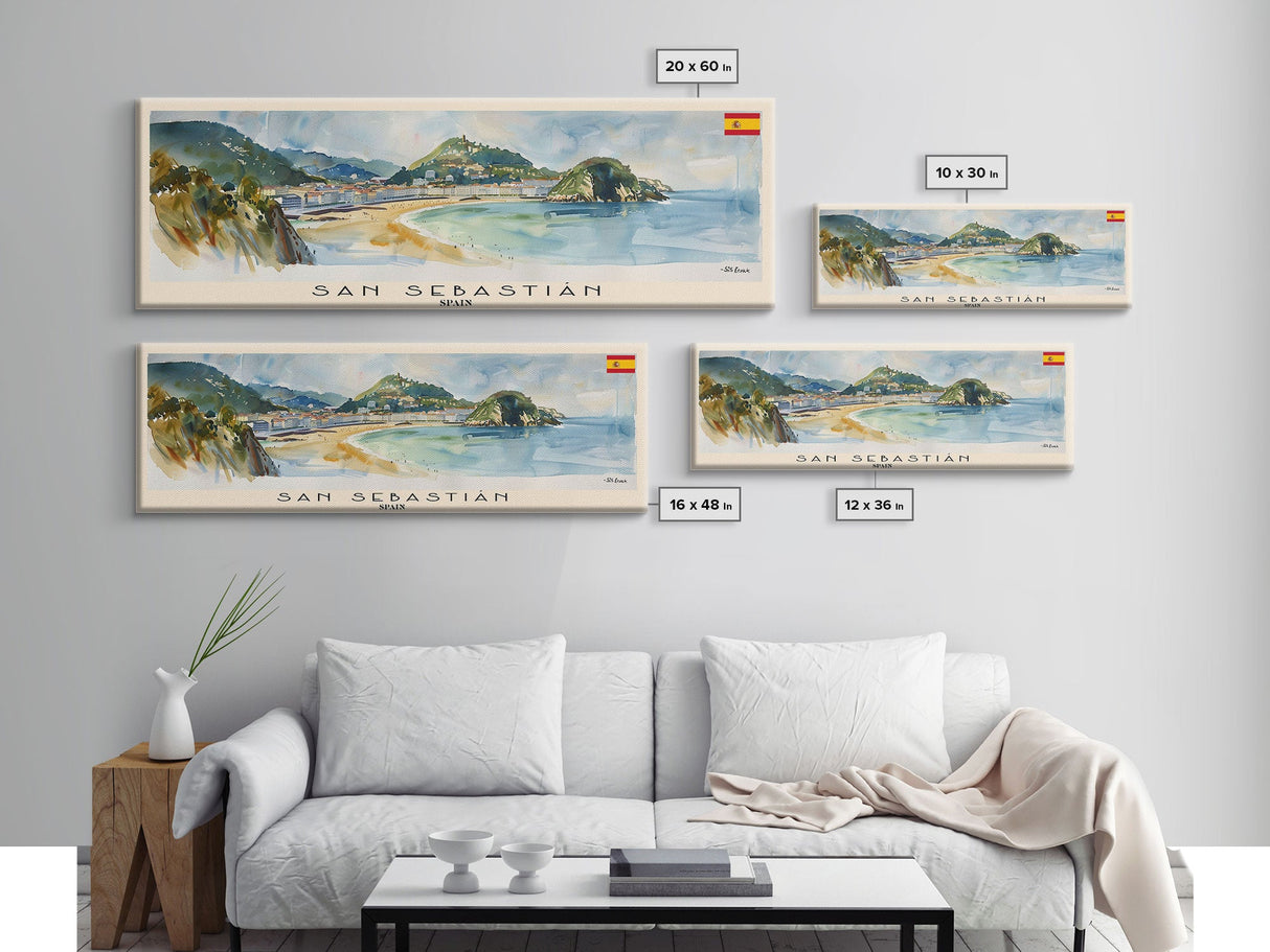 San Sebastian Spain Panoramic Travel Poster, Framed Canvas Print or Metal Wall Art, Travel Art, Home Decor, Panoramic Painting, Midcentury Art