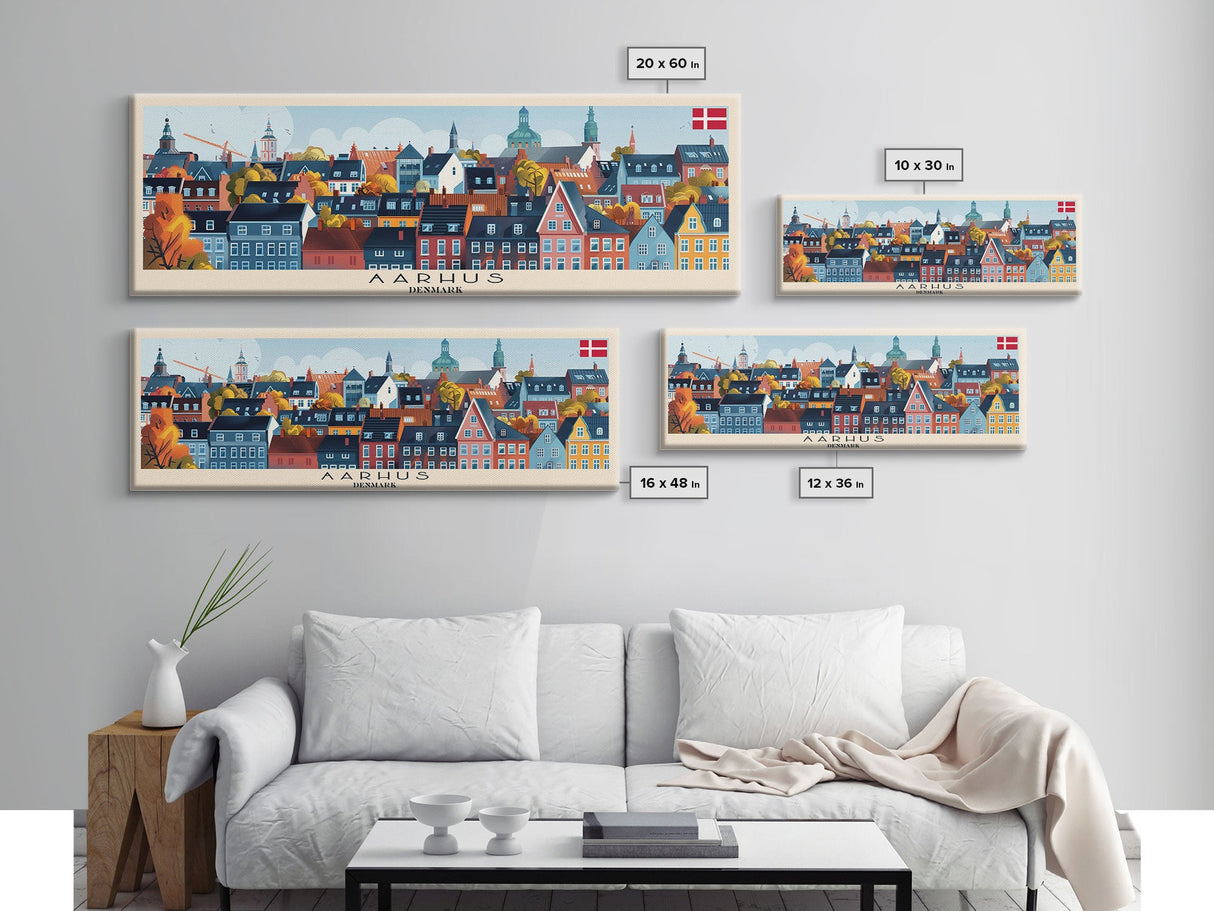 Aarhus Denmark Panoramic Travel Poster, Framed Canvas Print or Metal Wall Art, Travel Art, Home Decor, Panoramic Painting, Midcentury Art