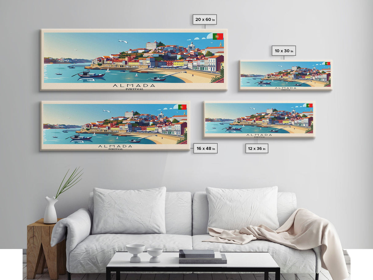 Almada Portugal Travel Art, City Art, Framed Canvas Print or Metal Wall Art, Europe Travel Poster, Panoramic Wall Art, Extra Wide Wall Art