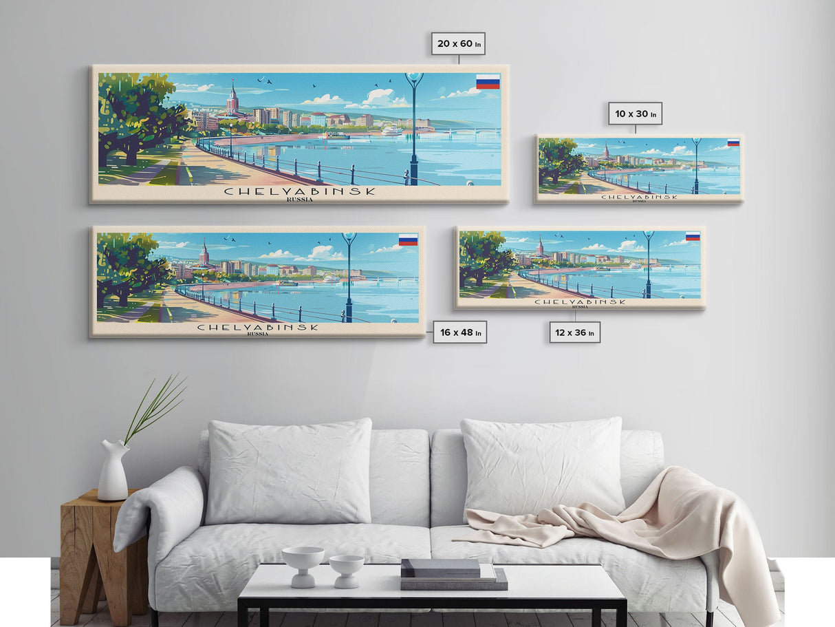 Chelyabinsk Russia Panoramic Travel Poster, Framed Canvas Print or Metal Wall Art, Travel Art, Home Decor, Panoramic Painting, Midcentury Art