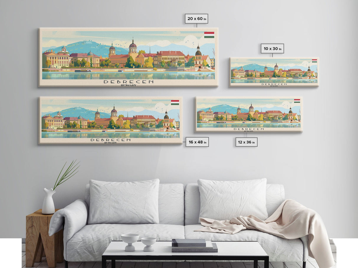 Debrecen Hungary Panoramic Travel Poster, Framed Canvas Print or Metal Wall Art, Travel Art, Home Decor, Panoramic Painting, Midcentury Art