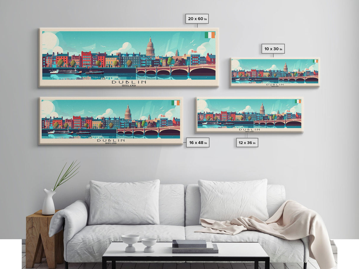 Dublin Ireland Panoramic Travel Poster, Framed Canvas Print or Metal Wall Art, Travel Art, Home Decor, Panoramic Painting, Midcentury Art