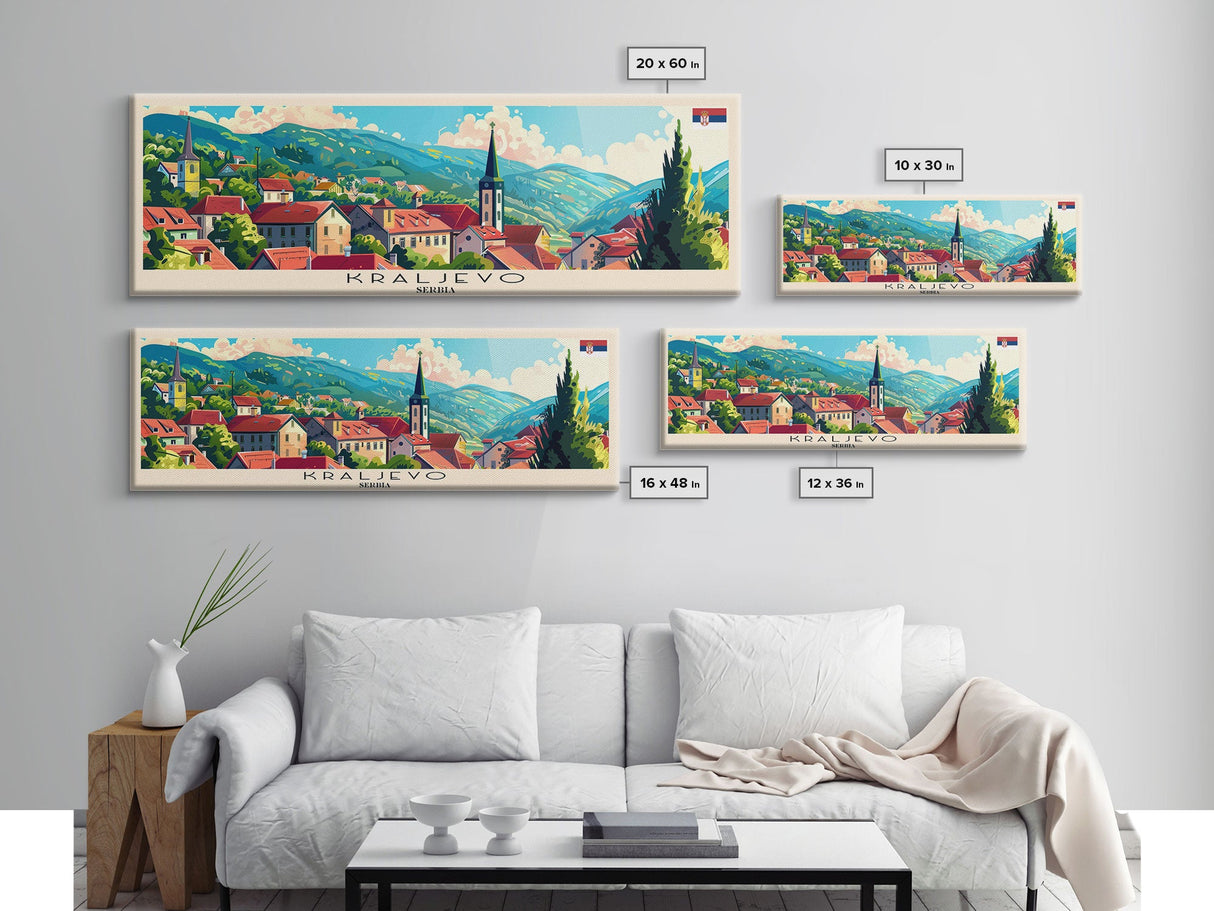 Kraljevo Serbia Panoramic Travel Poster, Framed Canvas Print or Metal Wall Art, Travel Art, Home Decor, Panoramic Painting, Midcentury Art