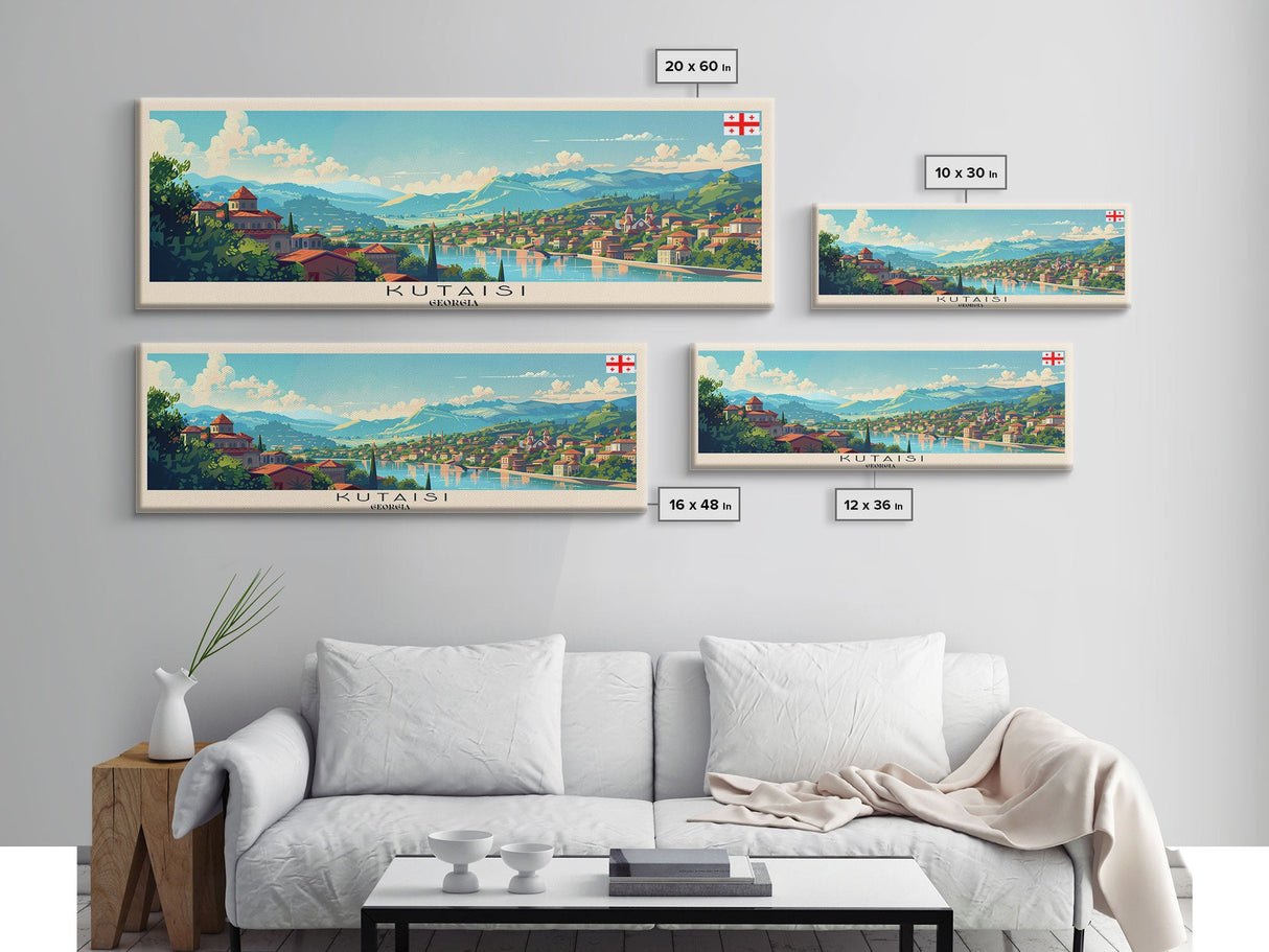 Kutaisi Georgia Panoramic Travel Poster, Framed Canvas Print or Metal Wall Art, Travel Art, Home Decor, Panoramic Painting, Midcentury Art
