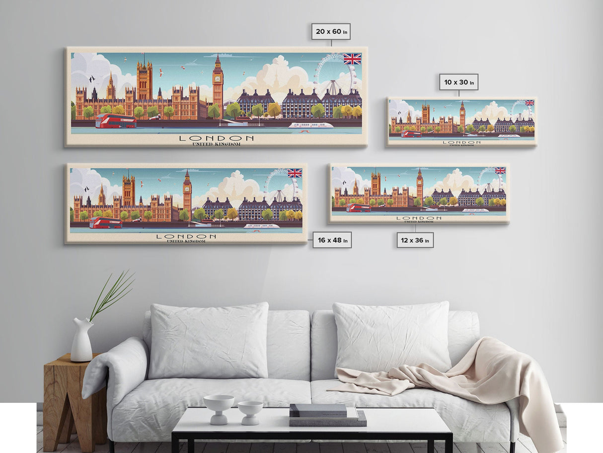 London United Kingdom Panoramic Travel Poster, Framed Canvas Print or Metal Wall Art, Travel Art, Home Decor, Panoramic Painting, Midcentury Art