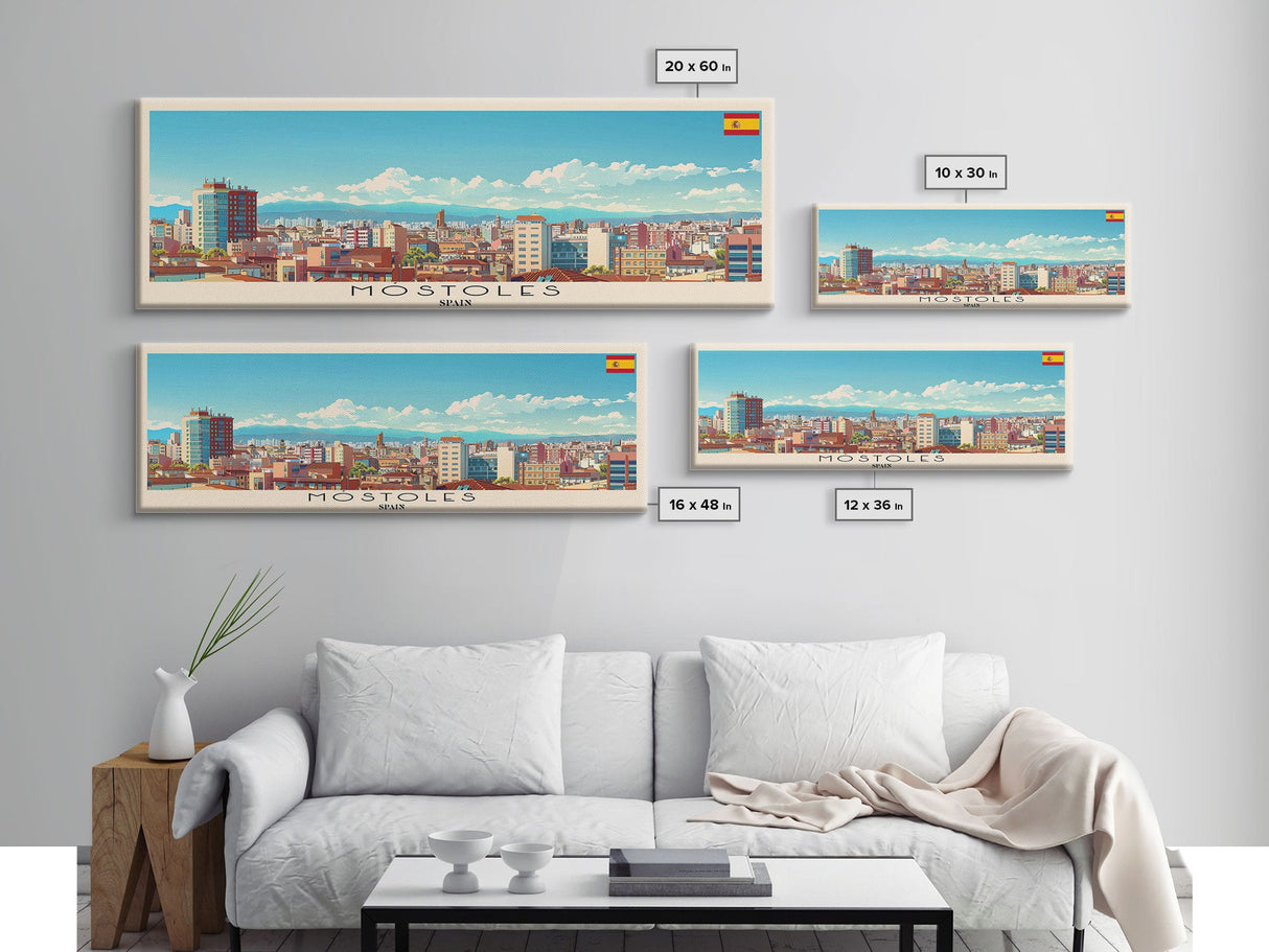 Mostoles Spain Panoramic Travel Poster, Framed Canvas Print or Metal Wall Art, Travel Art, Home Decor, Panoramic Painting, Midcentury Art