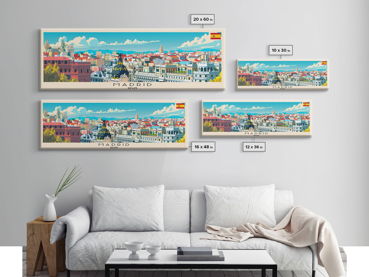 Madrid Spain Panoramic Travel Poster, Framed Canvas Print or Metal Wall Art, Travel Art, Home Decor, Panoramic Painting, Midcentury Art