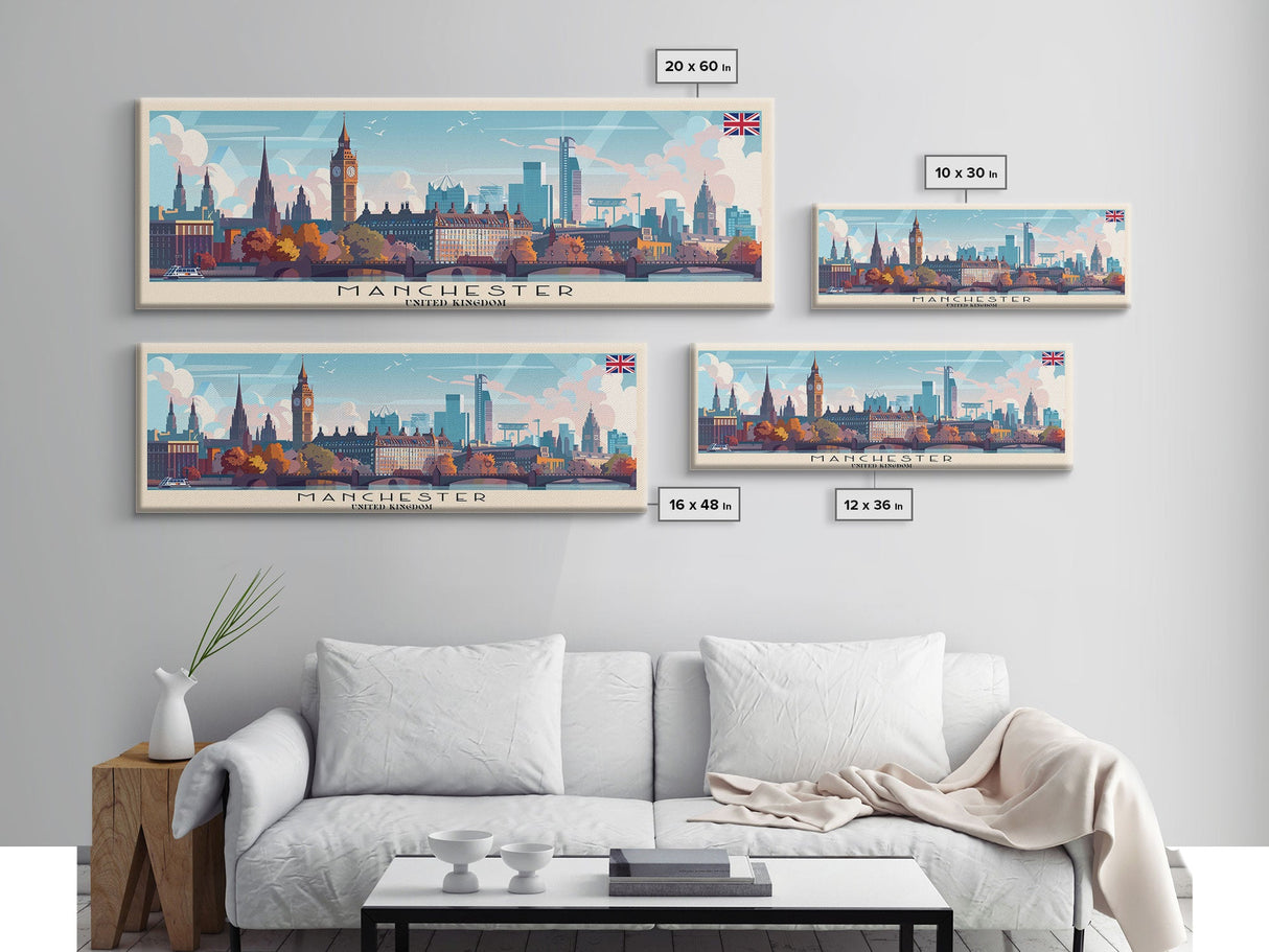 Manchester United Kingdom Panoramic Travel Poster, Framed Canvas Print or Metal Wall Art, Travel Art, Home Decor, Panoramic Painting, Midcentury Art