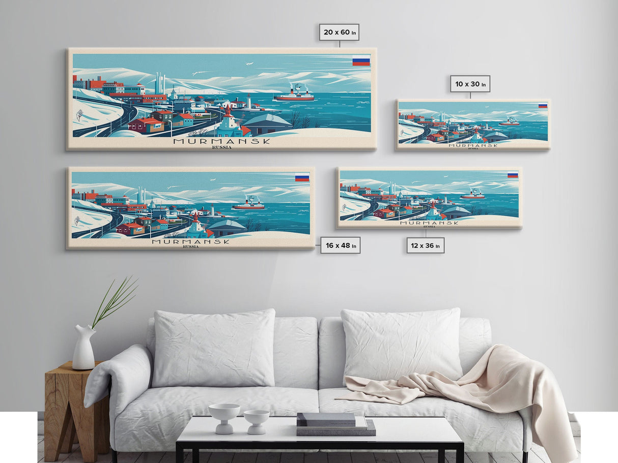 Murmansk Russia Panoramic Travel Poster, Framed Canvas Print or Metal Wall Art, Travel Art, Home Decor, Panoramic Painting, Midcentury Art