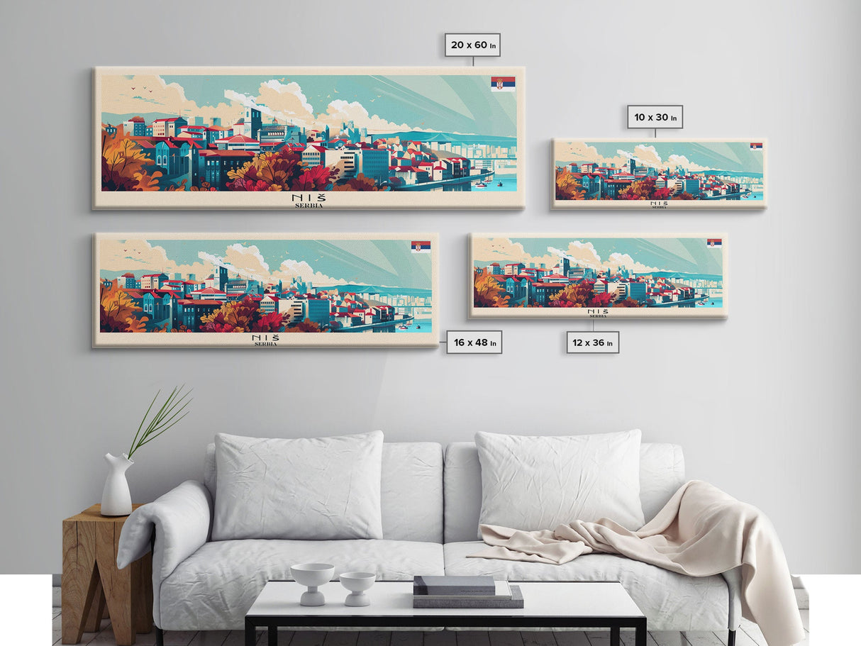 Niš Serbia Panoramic Travel Poster, Framed Canvas Print or Metal Wall Art, Travel Art, Home Decor, Panoramic Painting, Midcentury Art