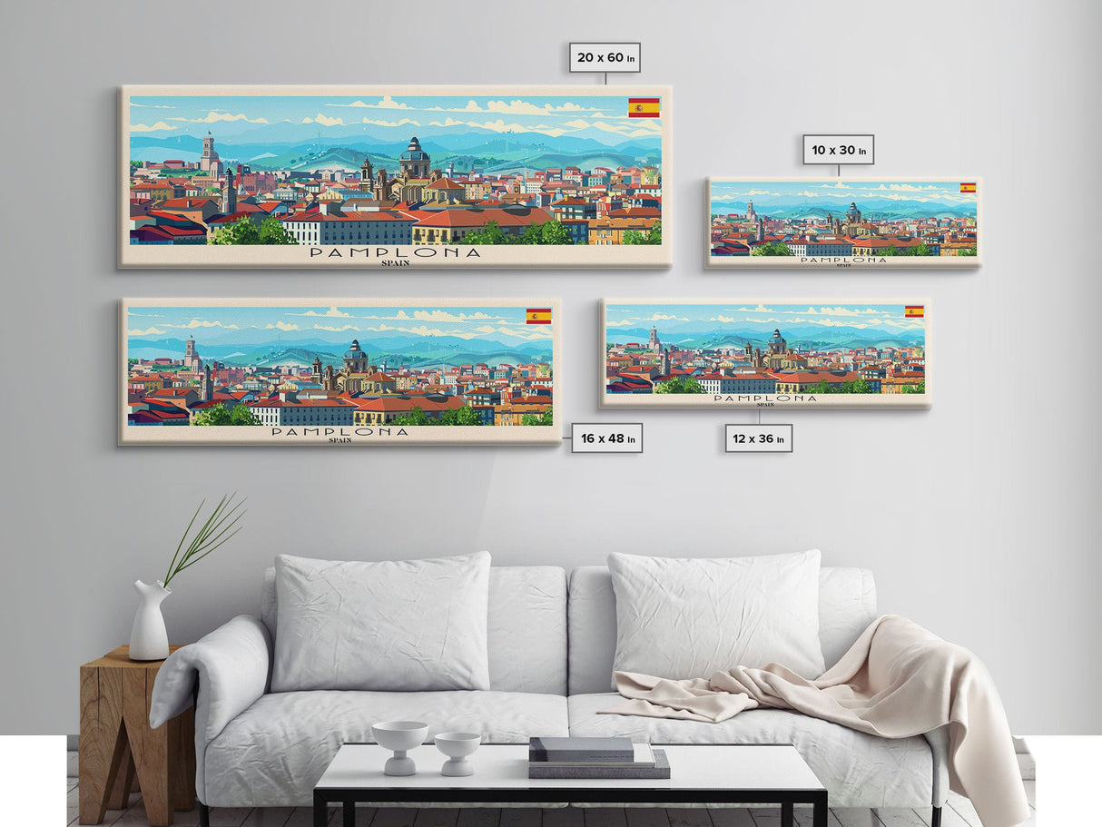 Pamplona Spain Panoramic Travel Poster, Framed Canvas Print or Metal Wall Art, Travel Art, Home Decor, Panoramic Painting, Midcentury Art