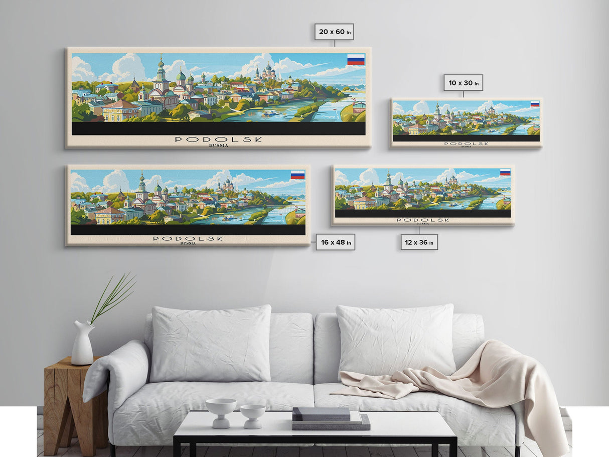Podolsk Russia Panoramic Travel Poster, Framed Canvas Print or Metal Wall Art, Travel Art, Home Decor, Panoramic Painting, Midcentury Art