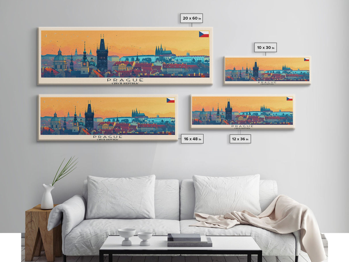 Prague Czech Republic Travel Art, City Art, Framed Canvas Print or Metal Wall Art, Europe Travel Poster, Panoramic Wall Art, Extra Wide Wall Art