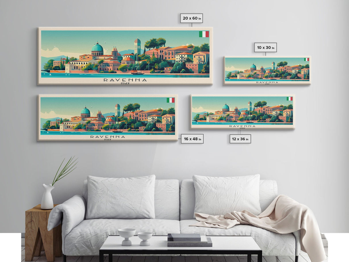 Ravenna Italy Panoramic Travel Poster, Framed Canvas Print or Metal Wall Art, Travel Art, Home Decor, Panoramic Painting, Midcentury Art