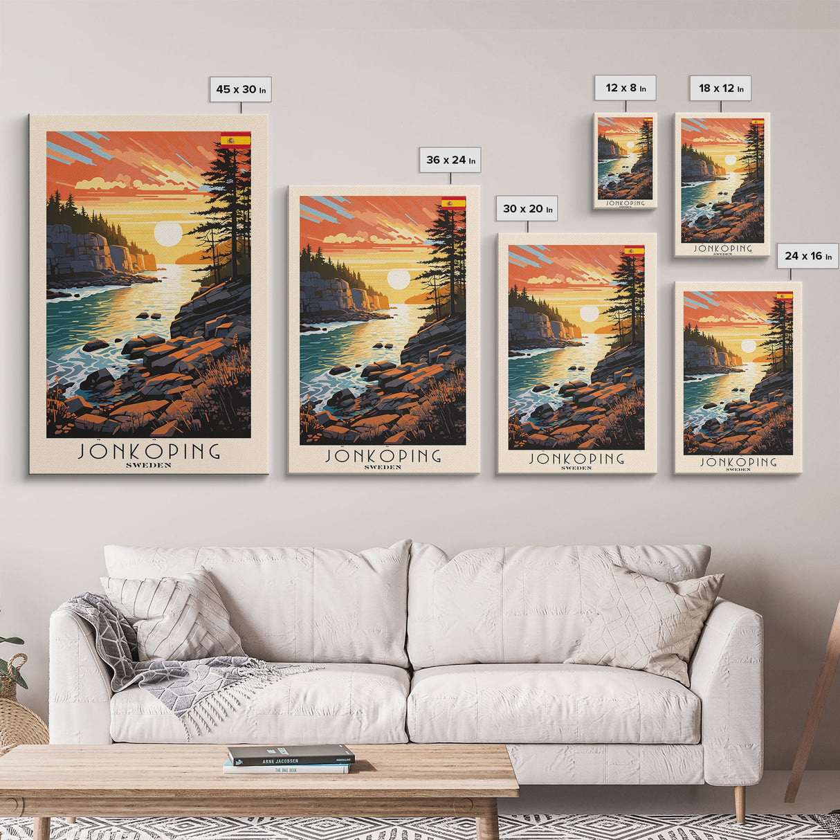 Jonkoping Sweden Lakeside View, Framed Canvas Print, Travel Poster, Serene Wall Art, Bedroom Decor, Scandinavian Cityscape, Modern Home Decoration