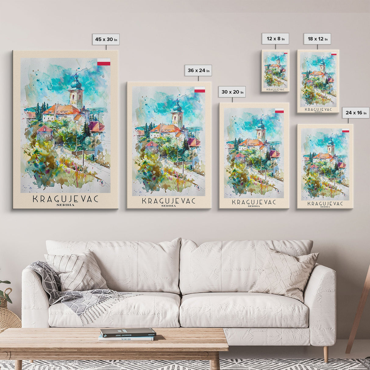Kragujevac Serbia Travel Poster Framed Canvas Print, Watercolor Painting, Boho Wall Art, Living Room Decor, Scenic Art, Travel Print