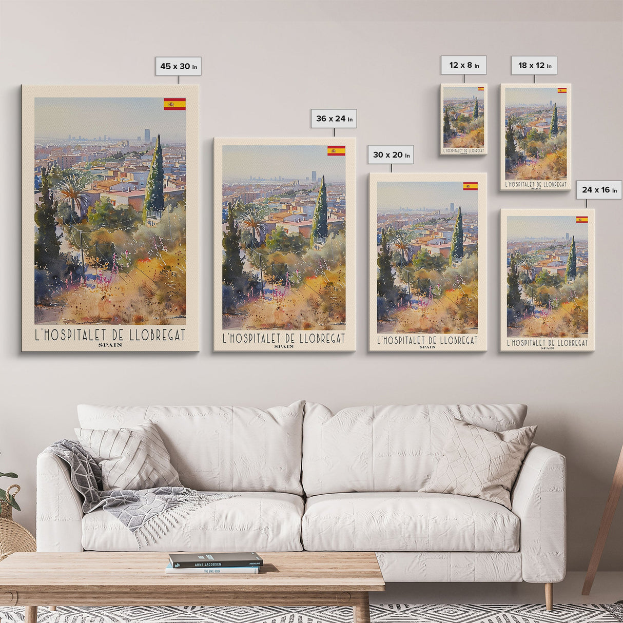 L'Hospitalet Spain Travel Poster Framed Canvas Print, Urban Landscape, Watercolor Painting, Wall Art, Home Decor, Travel Print, Artistic Gift
