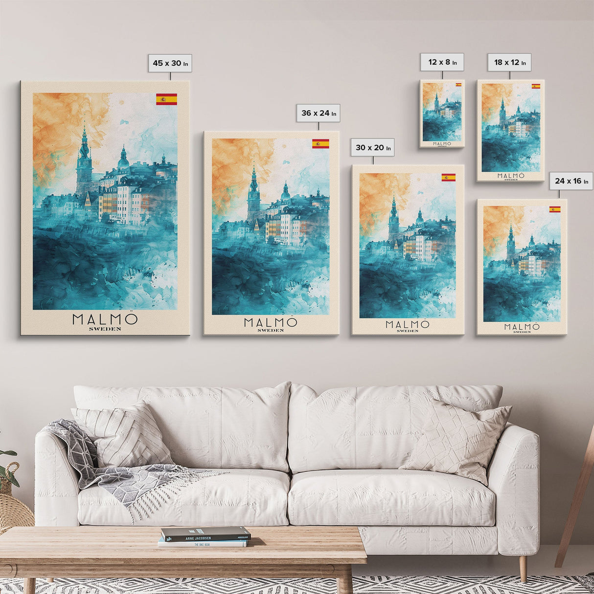 Malmo Sweden Travel Poster Framed Canvas Print, Modern Cityscape, Urban Art, Wall Hanging, Home Decor, Travel Print, Original Piece