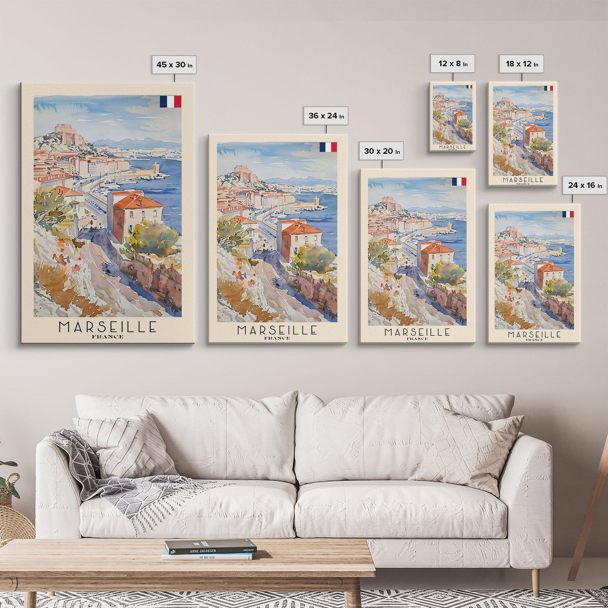 Marseille France Travel Poster Framed Canvas Print, Vibrant Cityscape, Watercolor Art, Wall Hanging, Home Decoration, Travel Print, Artistic Gift