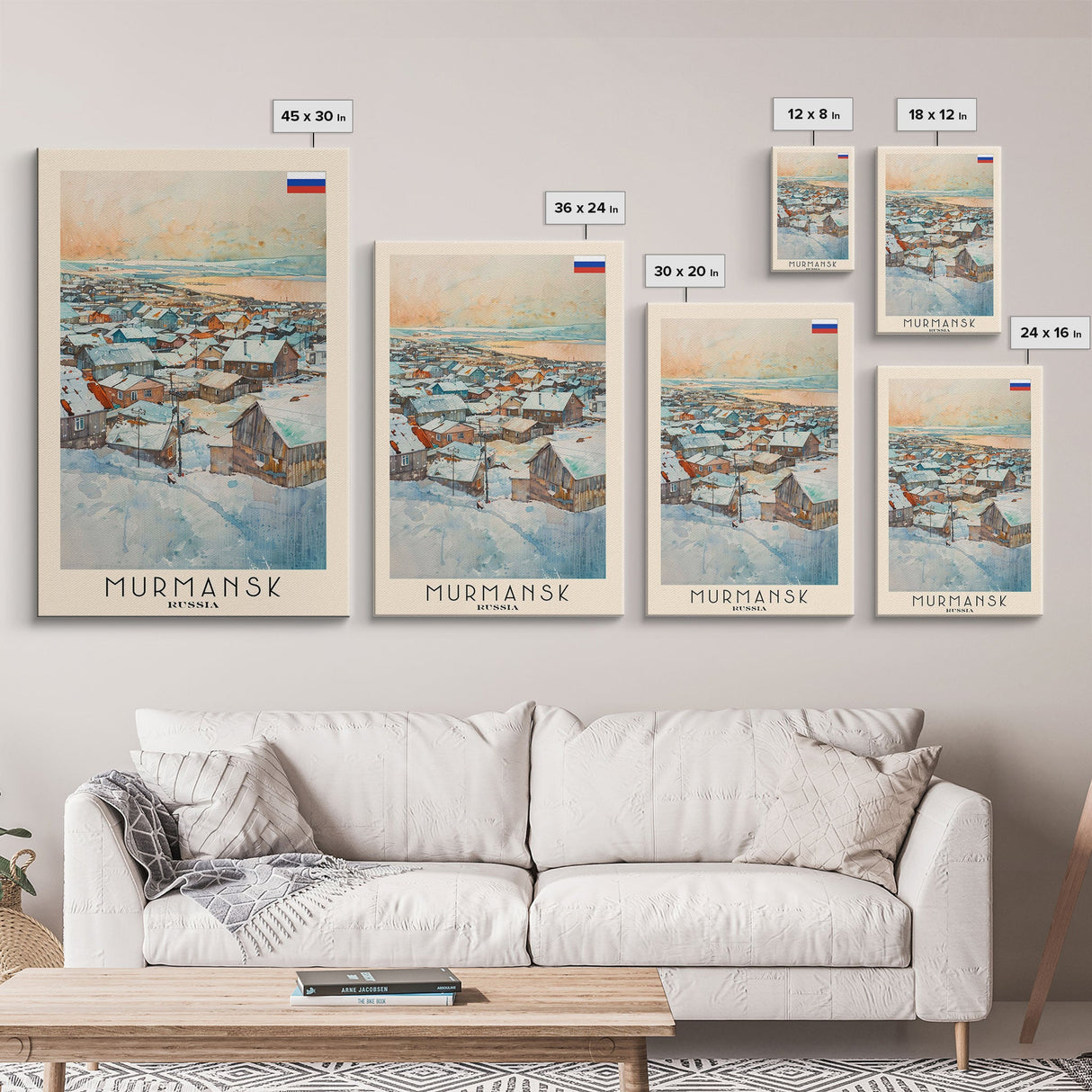 Murmansk Russia Travel Poster Framed Canvas Print, Coastal Cityscape, Watercolor Painting, Wall Art, Home Decoration, Travel Print, Unique Gift