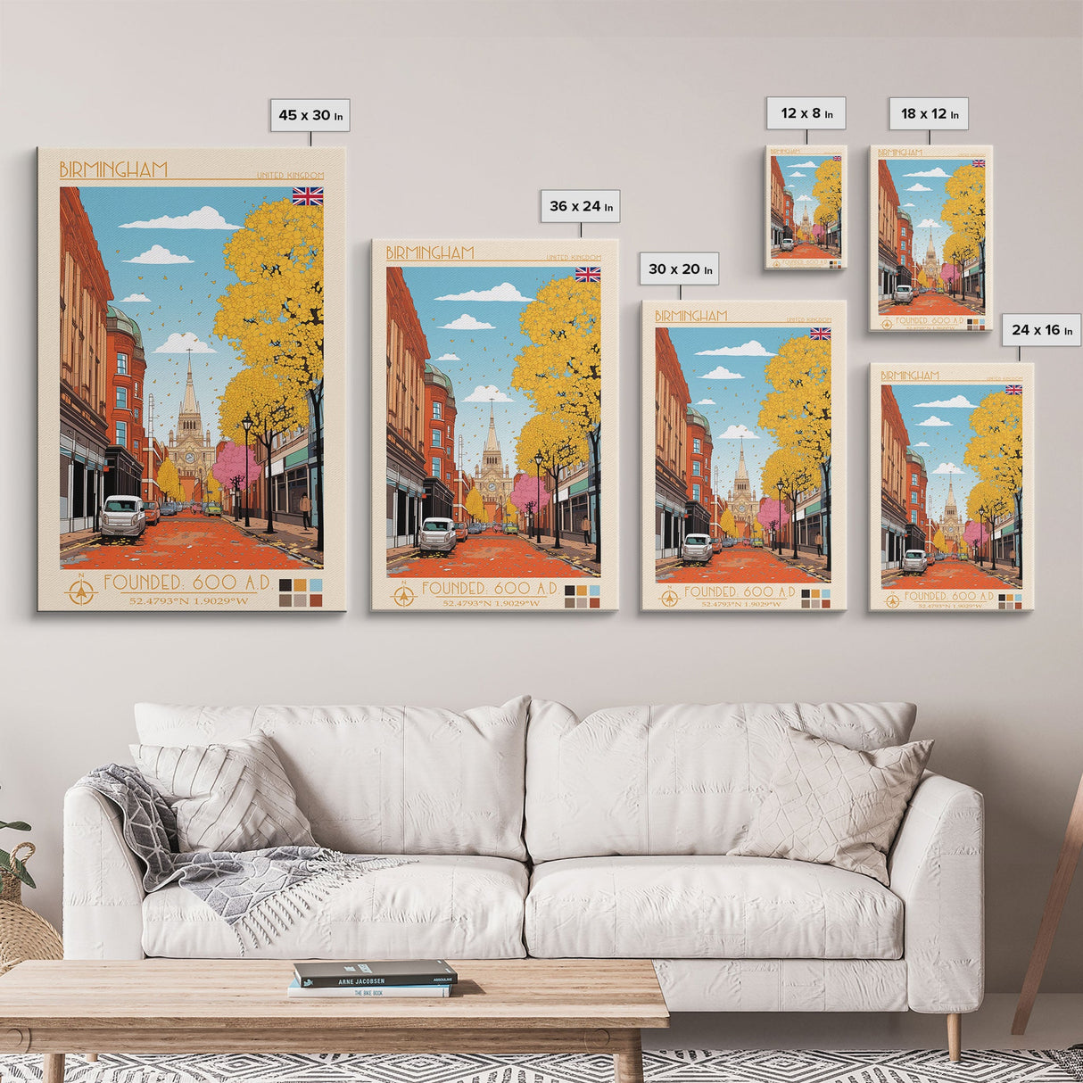 Birmingham UK Travel Poster Framed Canvas Print, Midcentury Modern Art, Pop Art Wall Decor, Home Decor, Living Room Decoration