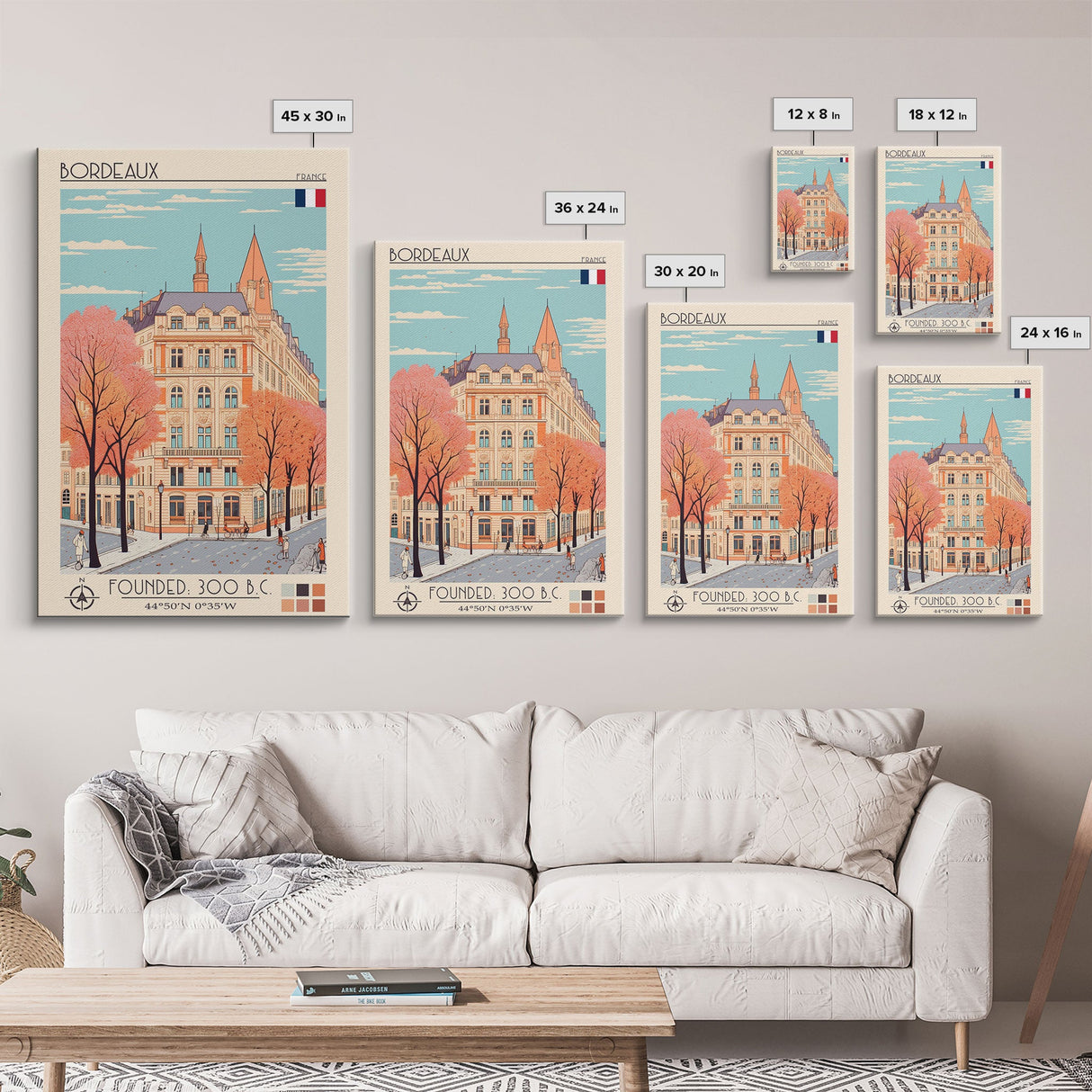 Bordeaux France Travel Poster Framed Canvas Print, Midcentury Modern Art, Pop Art Home Decor, Scenic Wall Art, Living Room Decoration