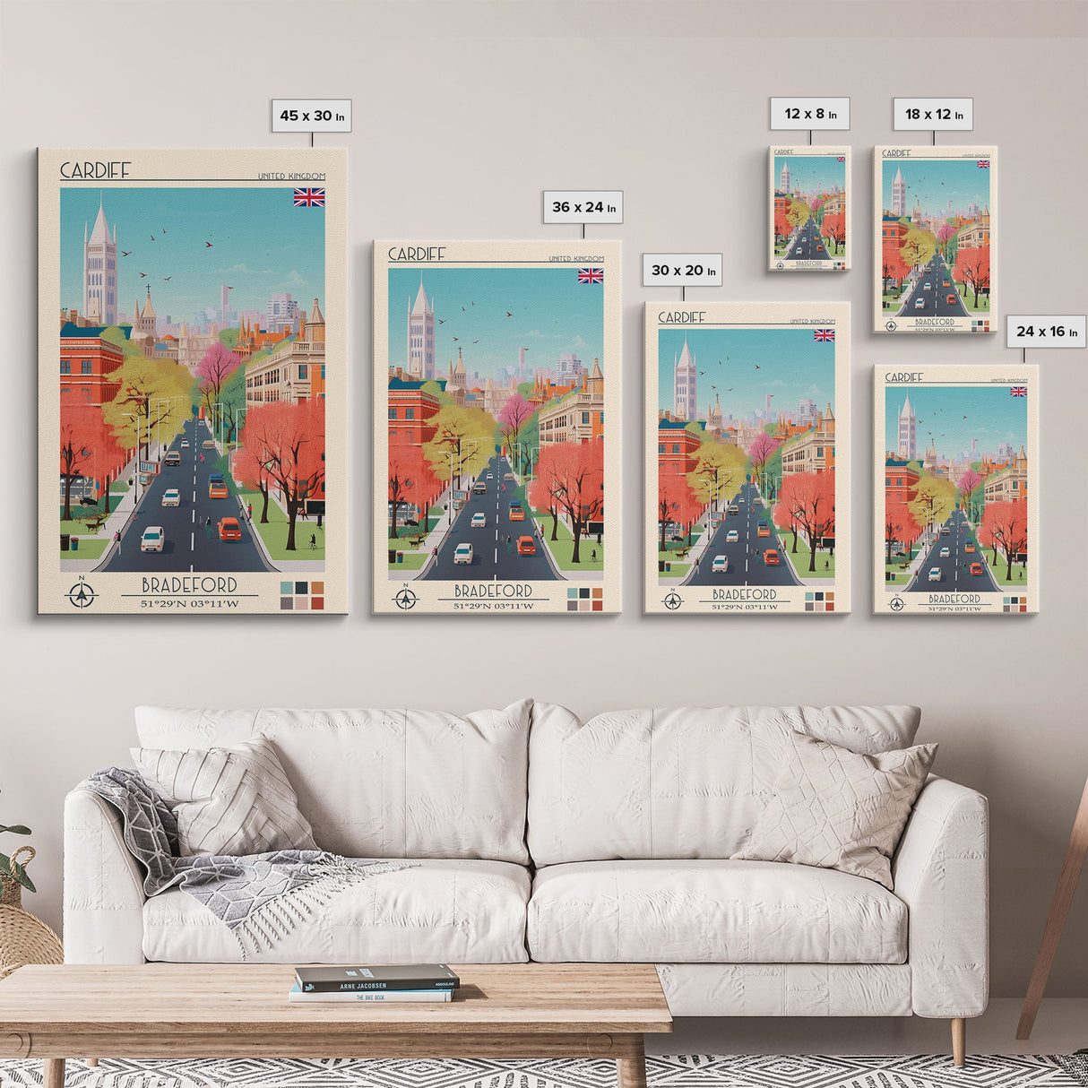 Cardiff United Kingdom Travel Poster Framed Canvas Print, Midcentury Modern Art, Pop Art Wall Decor, Home Decor, Vacation Gift, Living Room Art