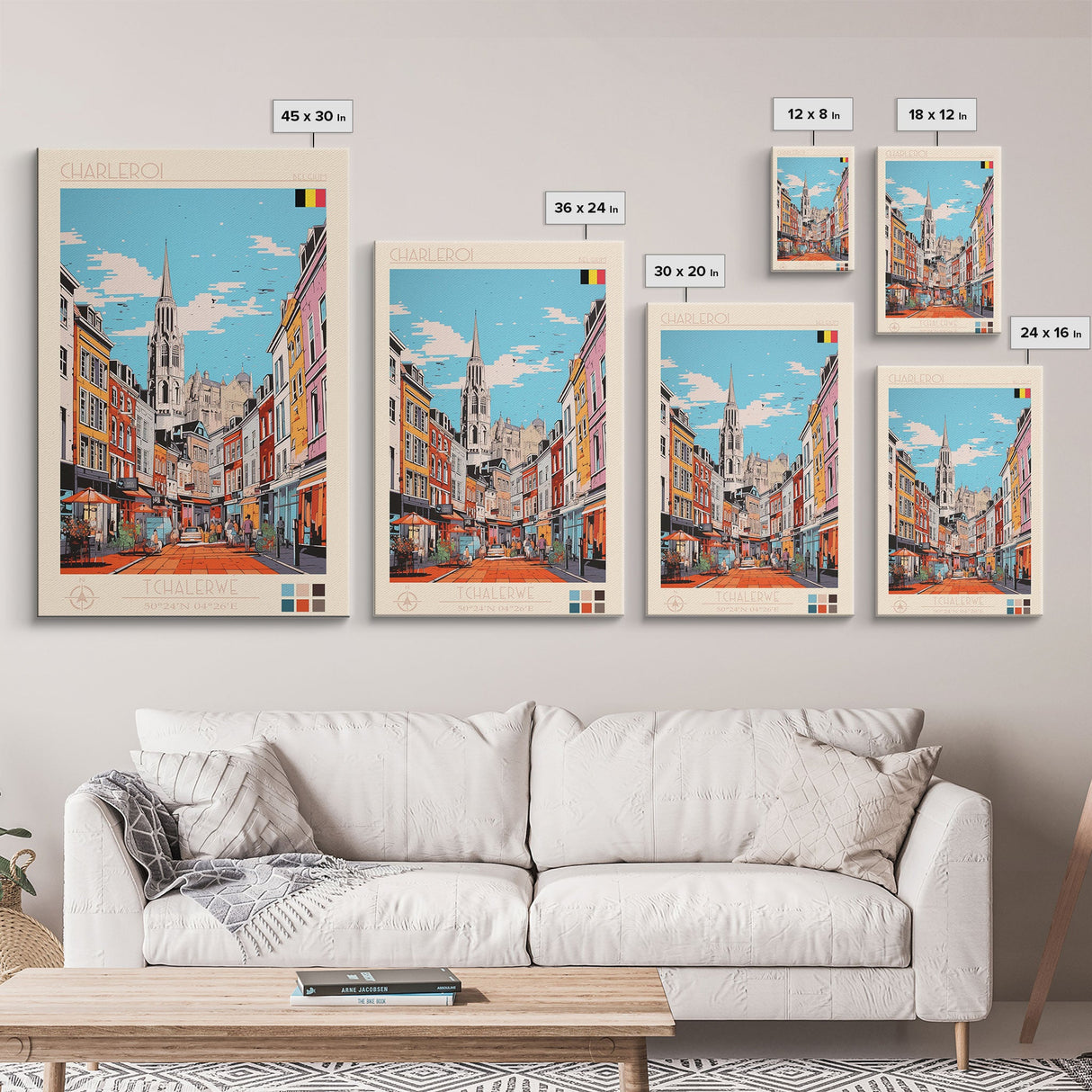 Charleroi Belgium Travel Poster Framed Canvas Print, Midcentury Modern Art, Pop Art Wall Decor, Home Decor, Vacation Gift, Living Room Art