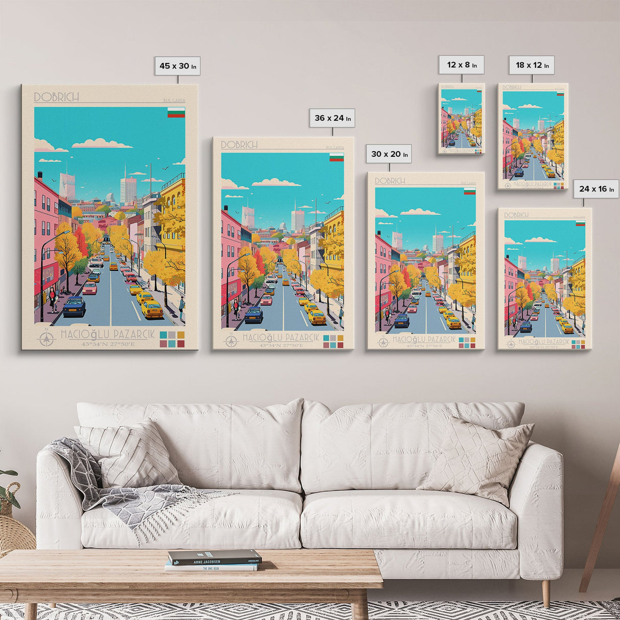 Dobrich Bulgaria Travel Poster Framed Canvas Print, Midcentury Modern Art, Pop Art Wall Decor, Home Decor, Vacation Gift, Living Room Art