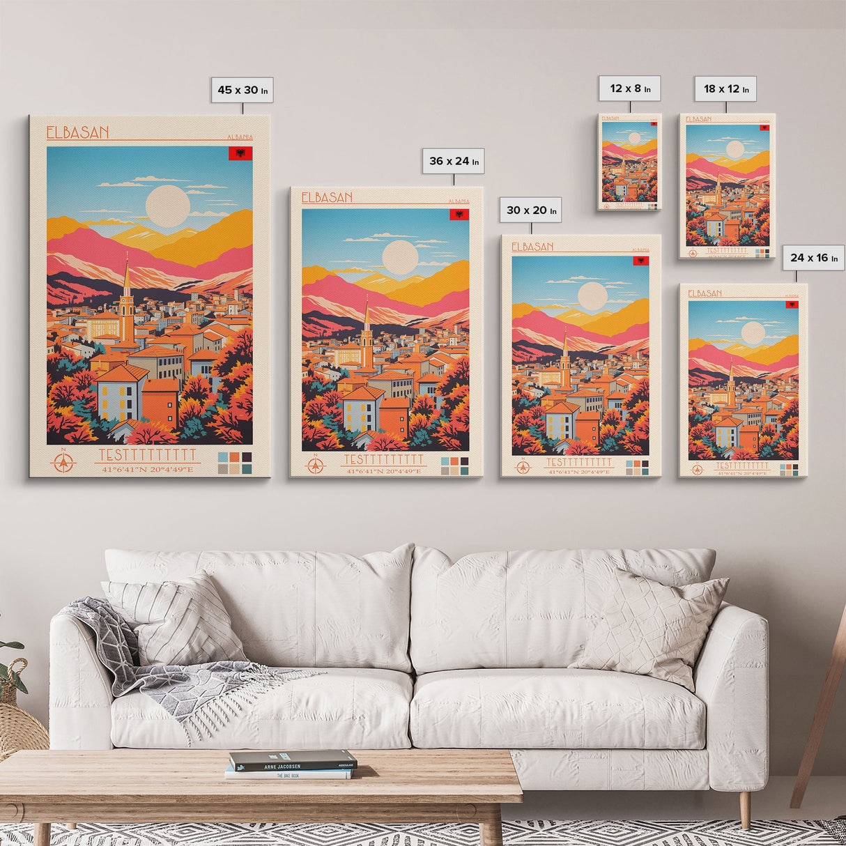 Elbasan Albania Travel Poster Framed Canvas Print, Midcentury Modern Art, Pop Art Wall Decor, Home Decor, Vacation Gift, Bedroom Art