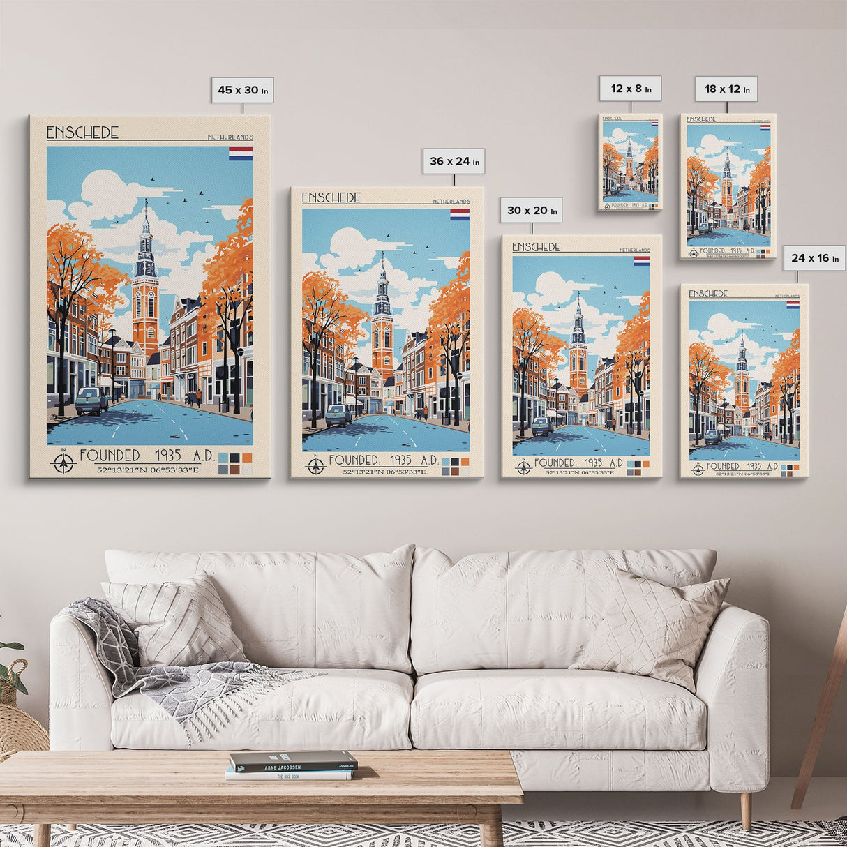 Enschede Netherlands Travel Poster Framed Canvas Print, Midcentury Modern Art, Pop Art Wall Decor, Scenic Wall Art, Bedroom Decoration