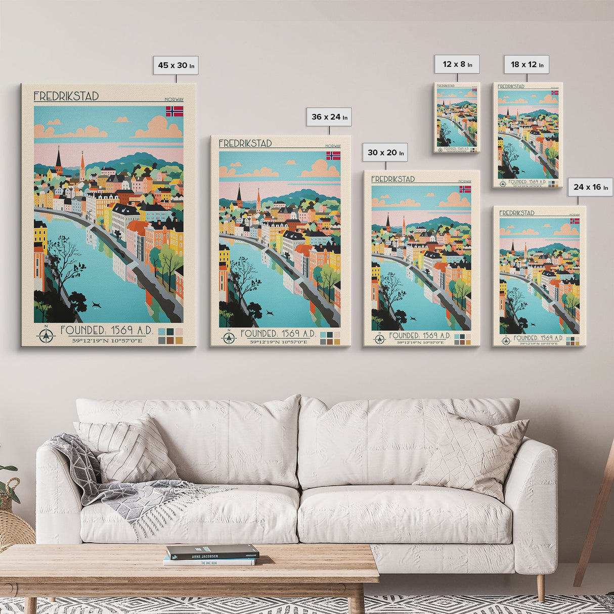 Fredrikstad Norway Travel Poster Framed Canvas Print, Midcentury Modern Art, Pop Art Wall Decor, Scenic Wall Art, Bedroom Decoration