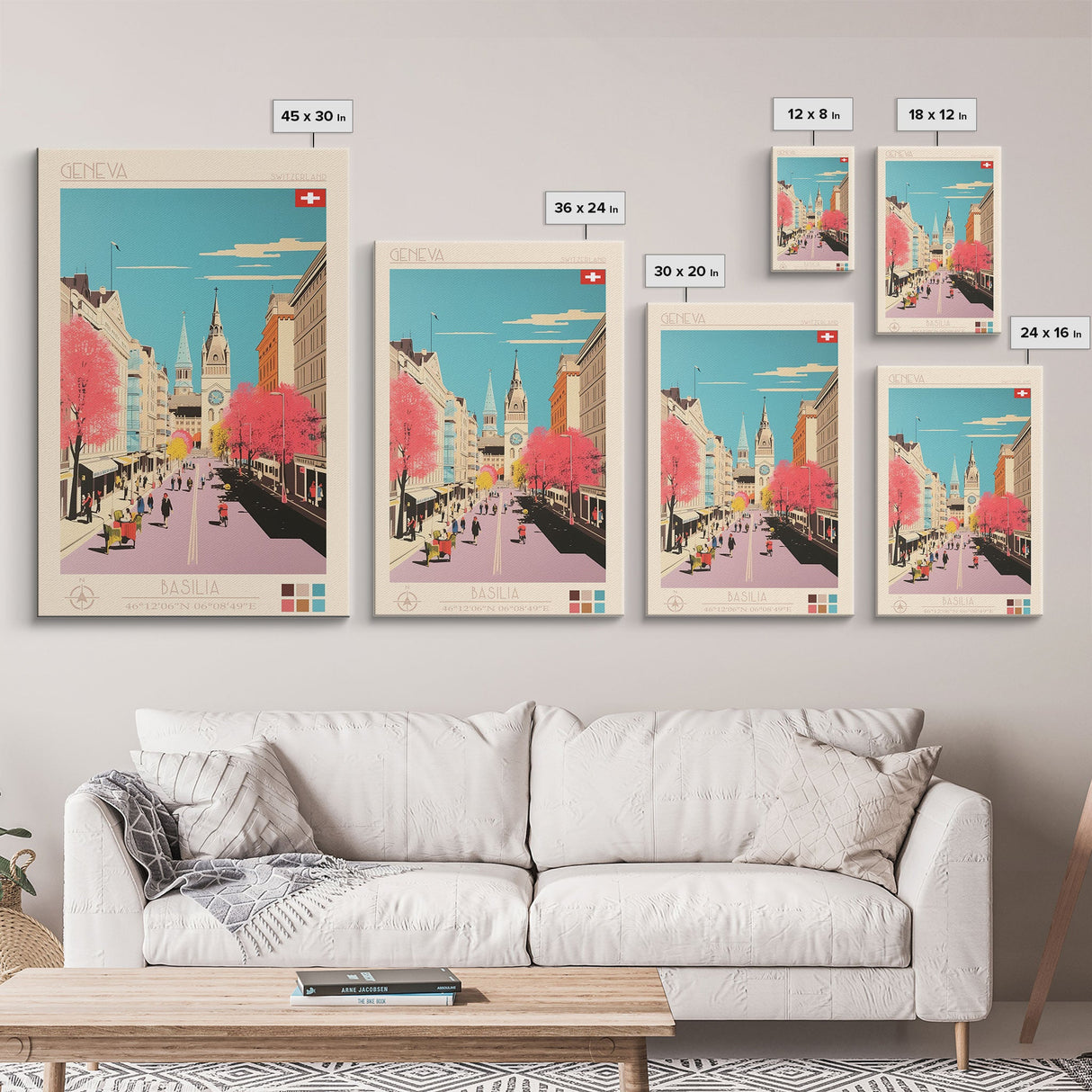 Geneva Switzerland Travel Poster Framed Canvas Print, Midcentury Modern Art, Pop Art Wall Decor, Scenic Wall Art, Living Room Decoration, Office Art