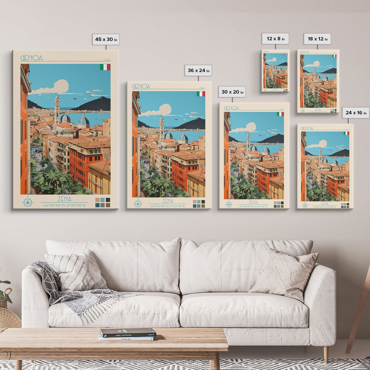 Genoa Italy Travel Poster Framed Canvas Print, Midcentury Modern Art, Pop Art Wall Decor, Scenic Wall Art, Living Room Decoration, Office Gift
