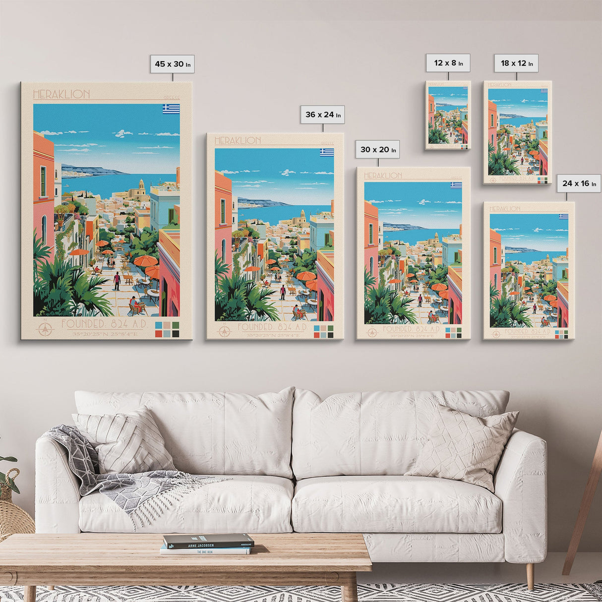 Heraklion Greece Travel Poster Framed Canvas Print, Midcentury Modern Art, Pop Art Wall Decor, Scenic Living Room Art, Bedroom Decor